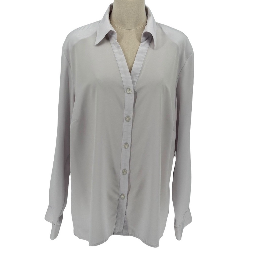 Notations Woman Button Down Shirt Light Grey Long Sleeve Blouse 1X